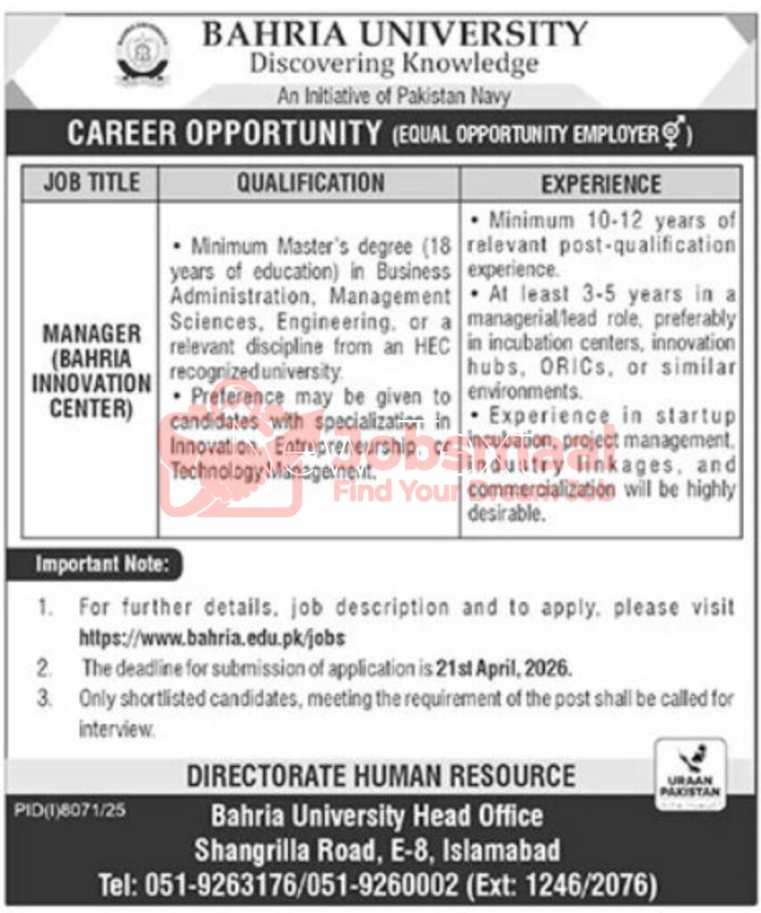 Bahria University Jobs 2026 Manager Vacancies