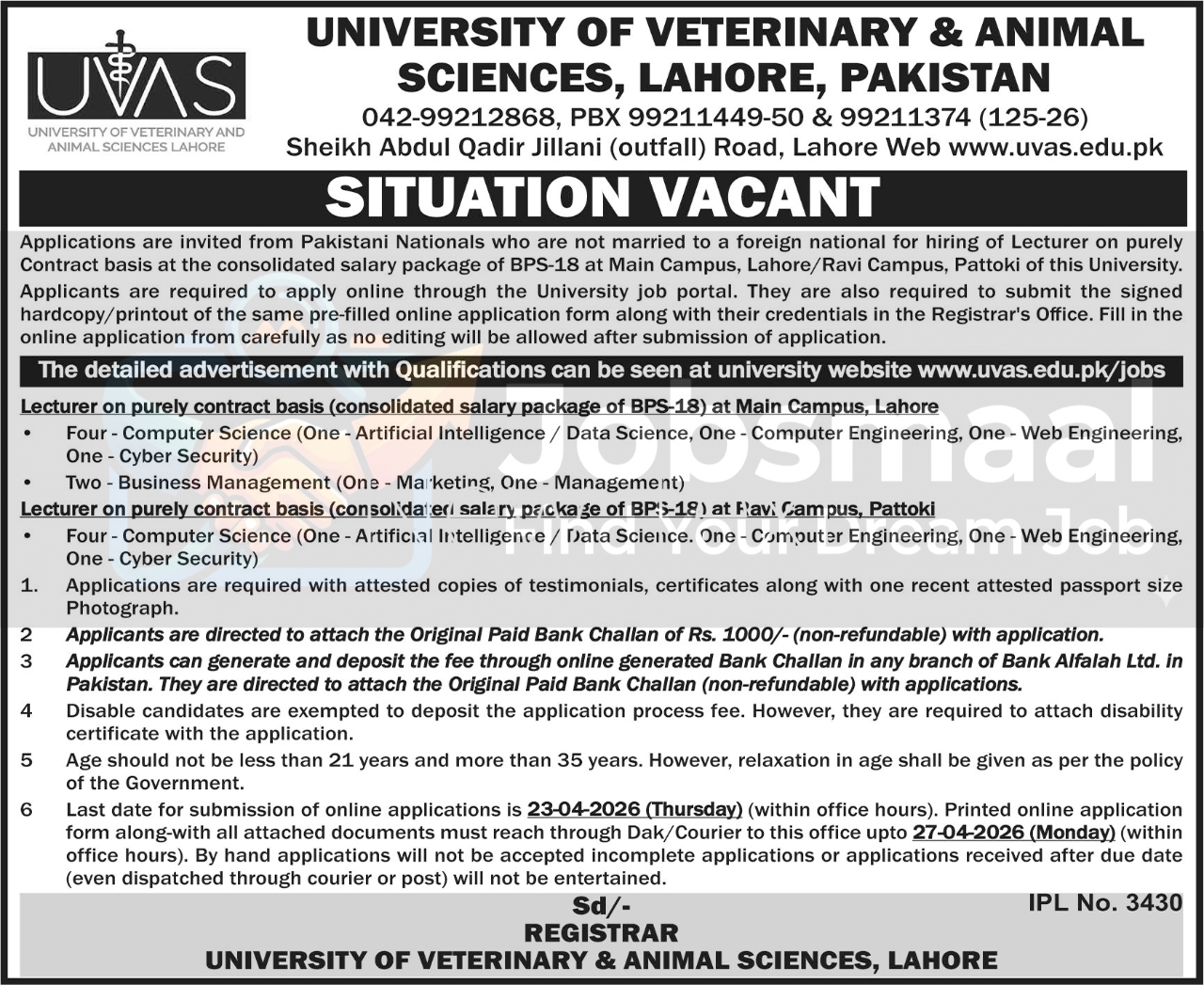 UVAS Lahore Jobs 2026: Apply Online for Lecturer 