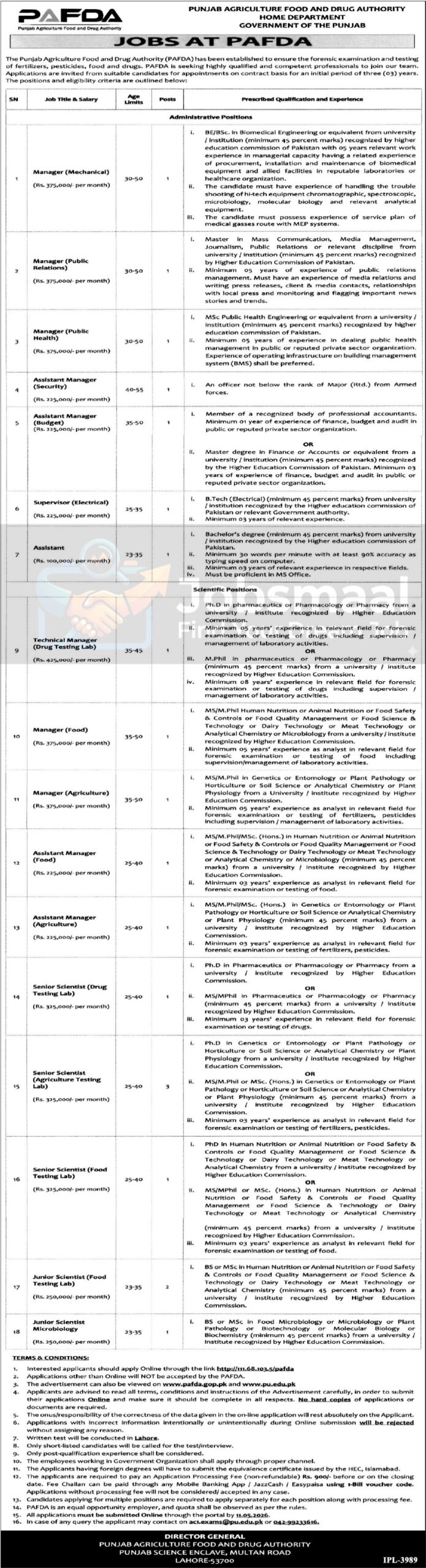 Punjab Agriculture Food and Drug Authority PAFDA Jobs 2026
