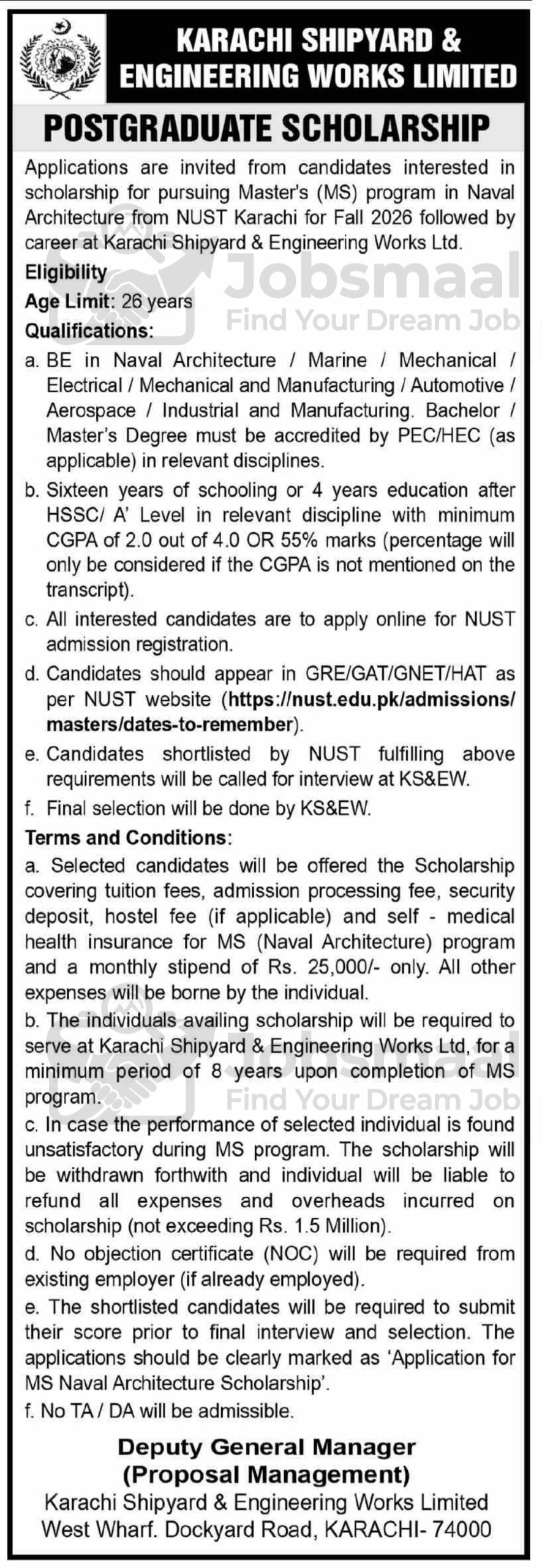 Karachi Shipyard and Engineering Works Jobs 2026 – MS Naval Architecture Scholarship