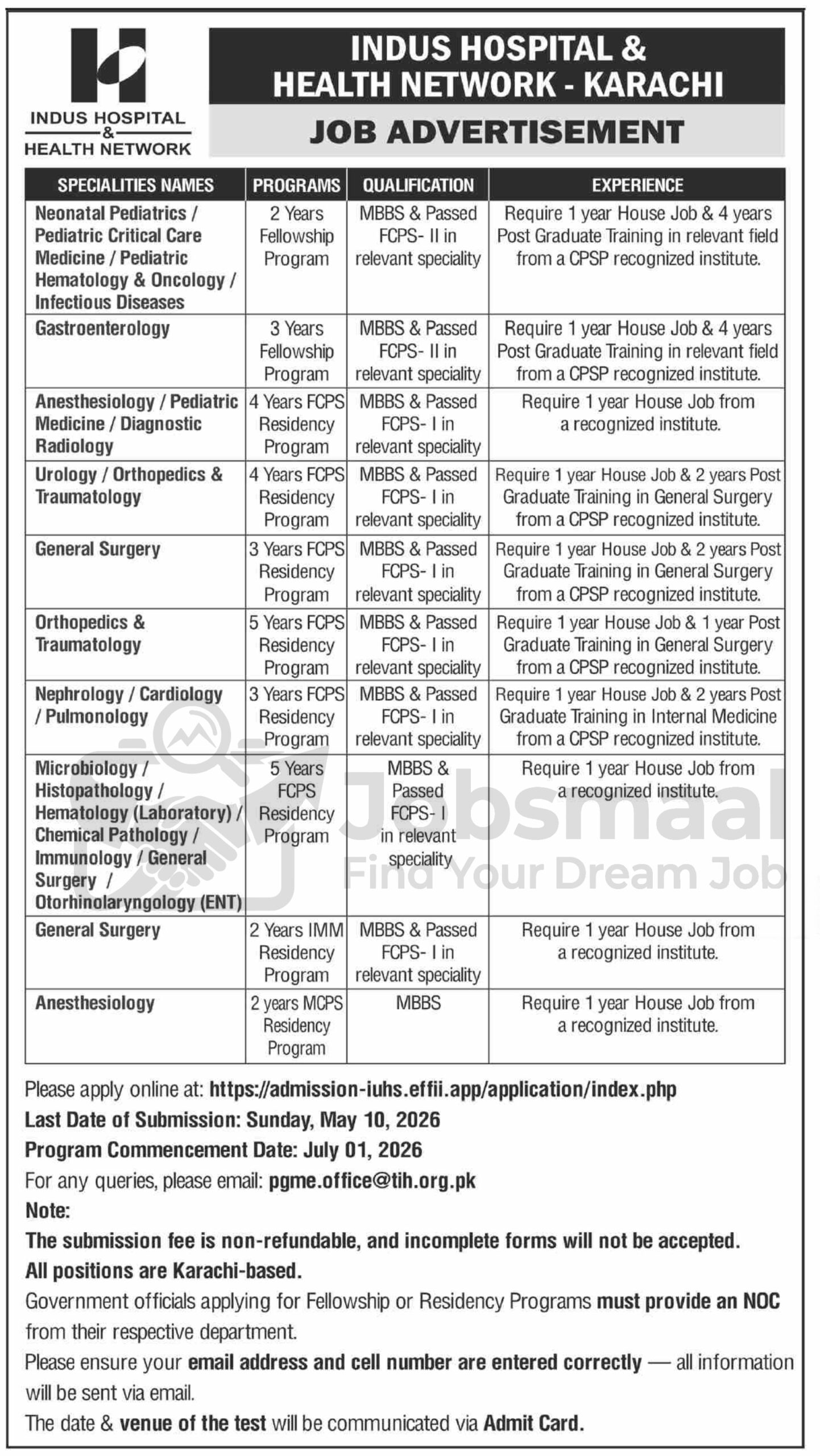Indus Hospital Karachi Jobs 2026 | Residency & Fellowship Programs Apply Online