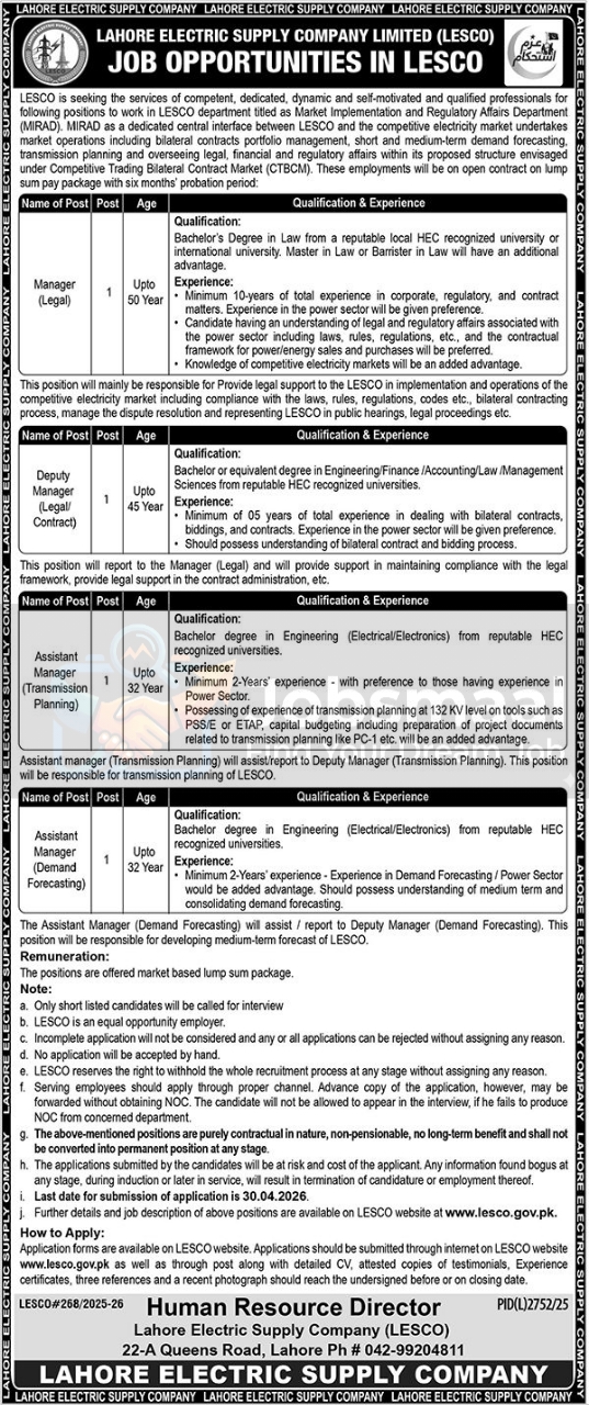 Latest LESCO Jobs 2026 – Apply Online