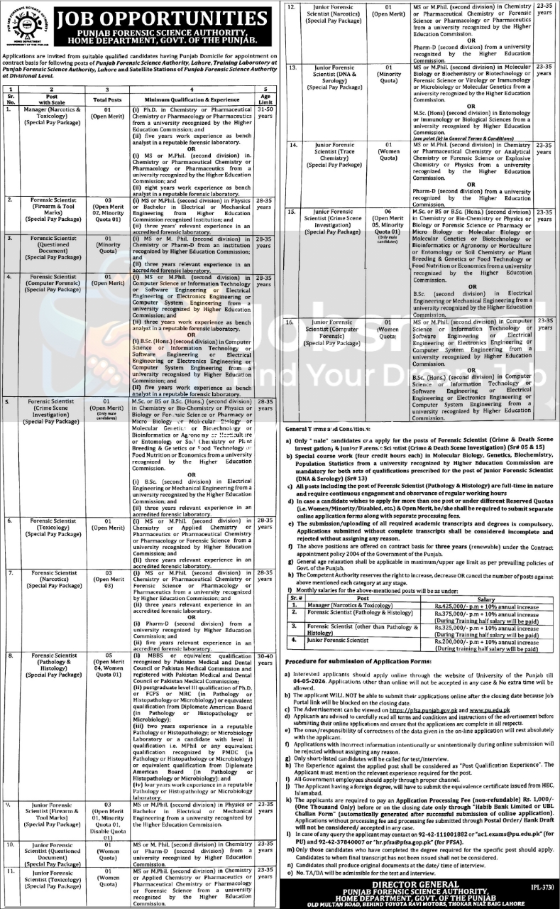 Punjab Forensic Science Authority PFSA Jobs 2026 – Official Advertisement
