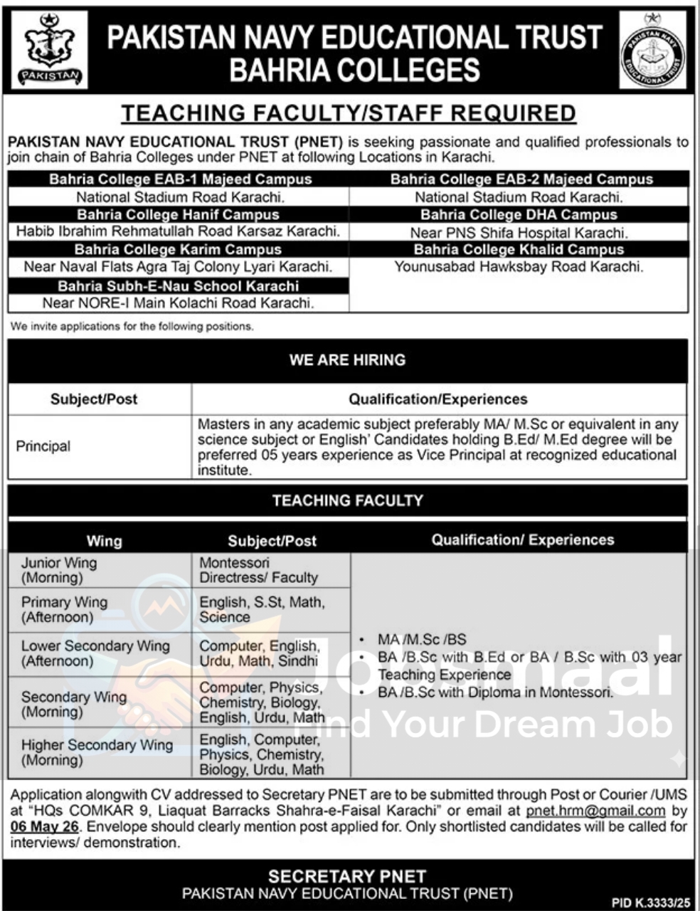 Pakistan Navy Educational Trust Jobs 2026 – Bahria Colleges Karachi Hiring Principal & Faculty