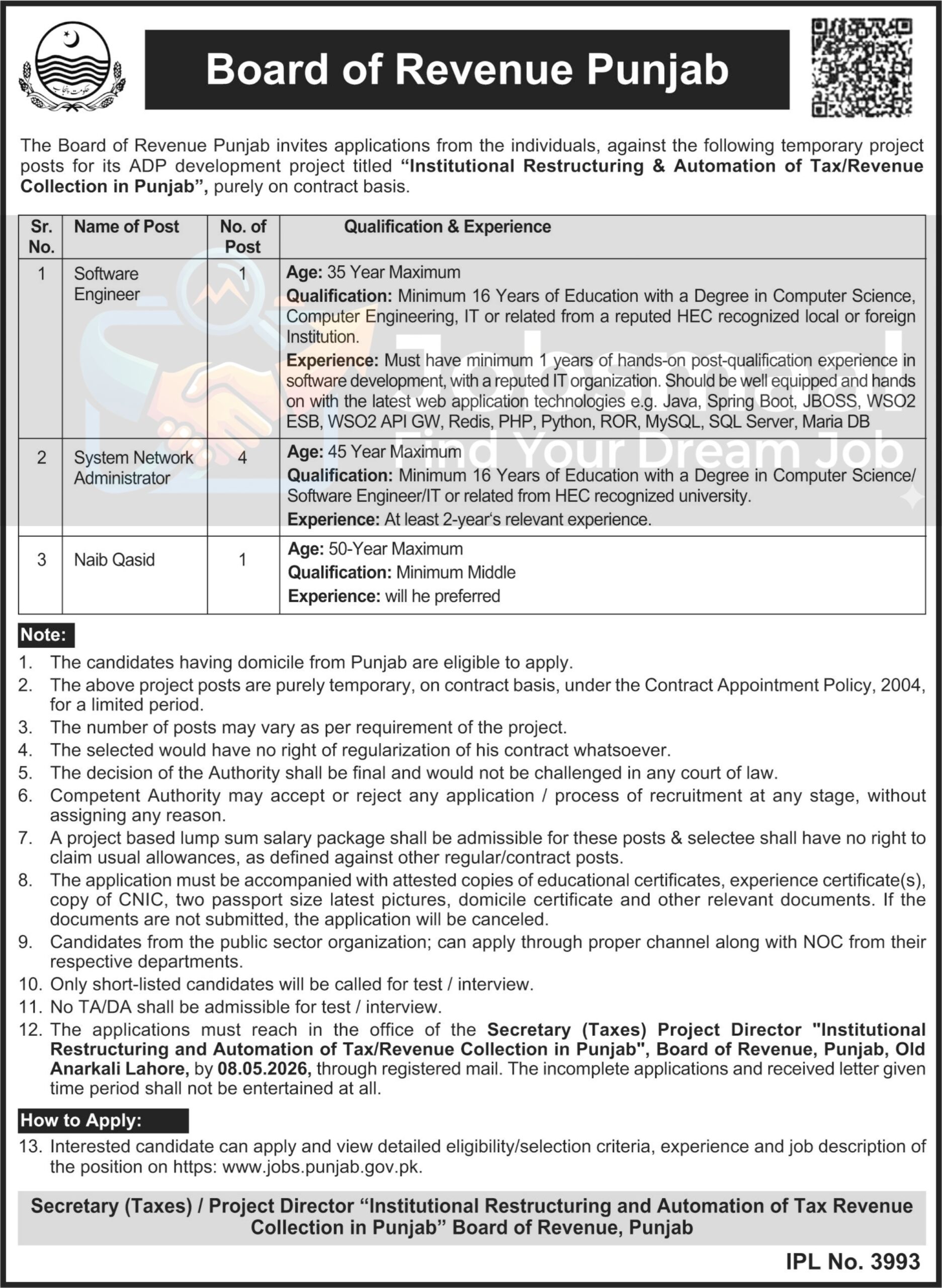 Board of Revenue Punjab Jobs 2026: Software Engineer, Network Admin & Naib Qasid Posts