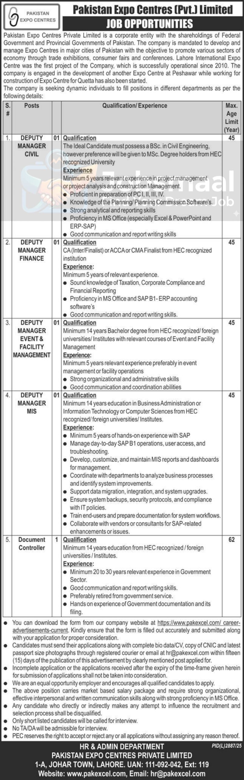 Pakistan Expo Centres Jobs 2026
