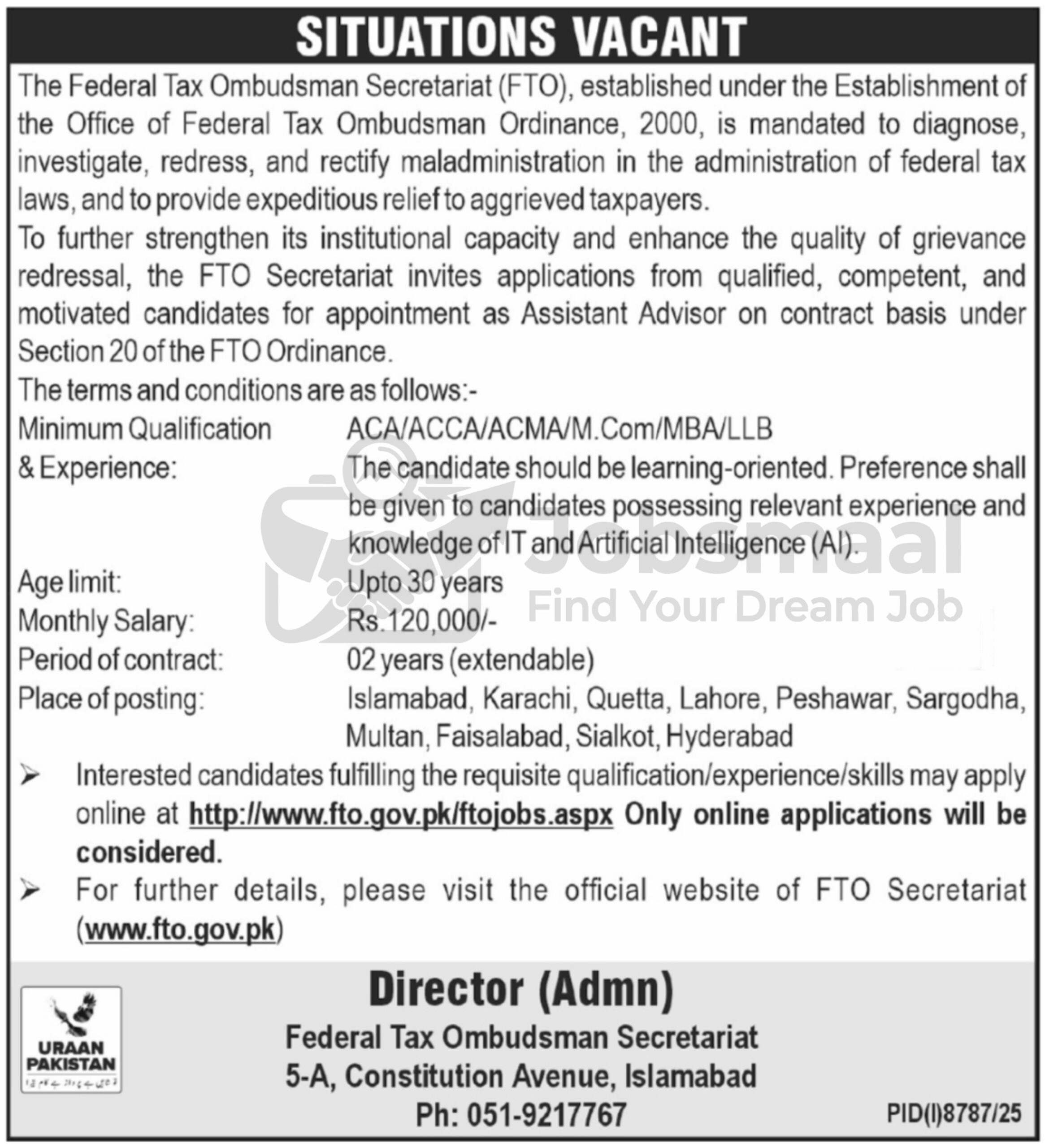 Federal Tax Ombudsman Secretariat FTO Jobs 2026