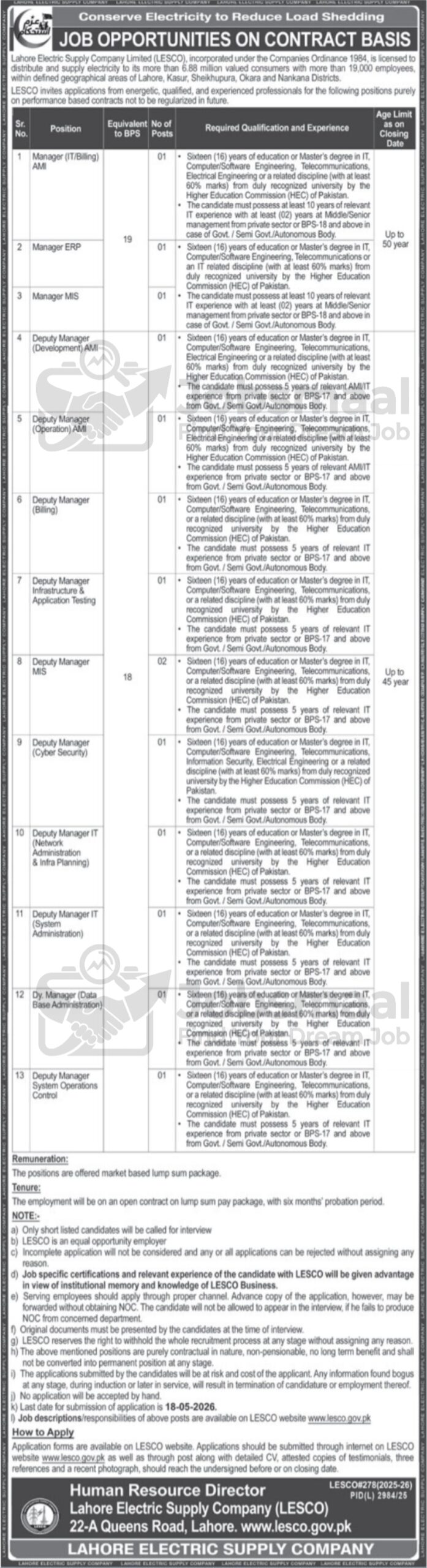 LESCO Jobs 2026: Contract-Based Positions for IT & ERP Professionals – Apply Online