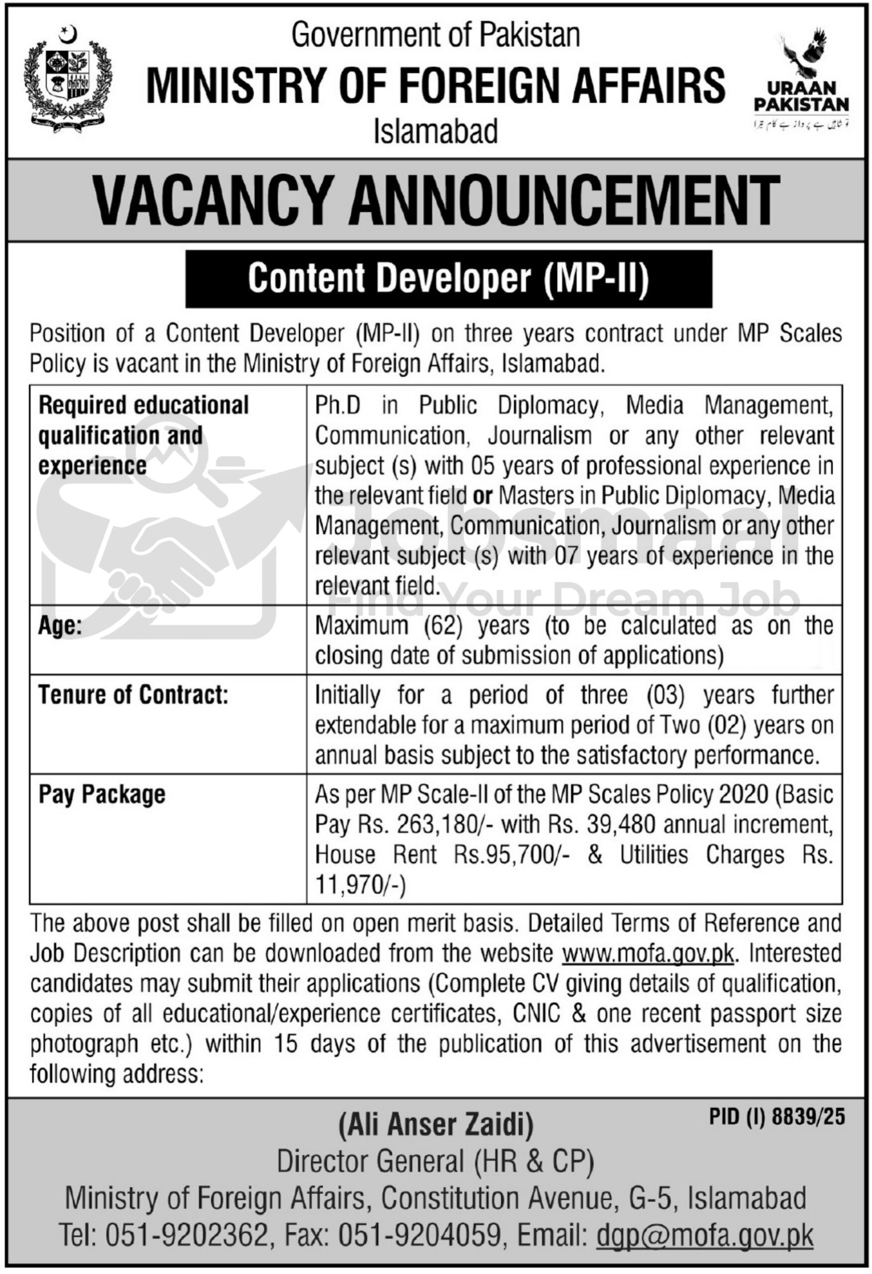 Ministry of Foreign Affairs Jobs 2026 – Apply for Content Developer (MP-II) – MOFA Jobs