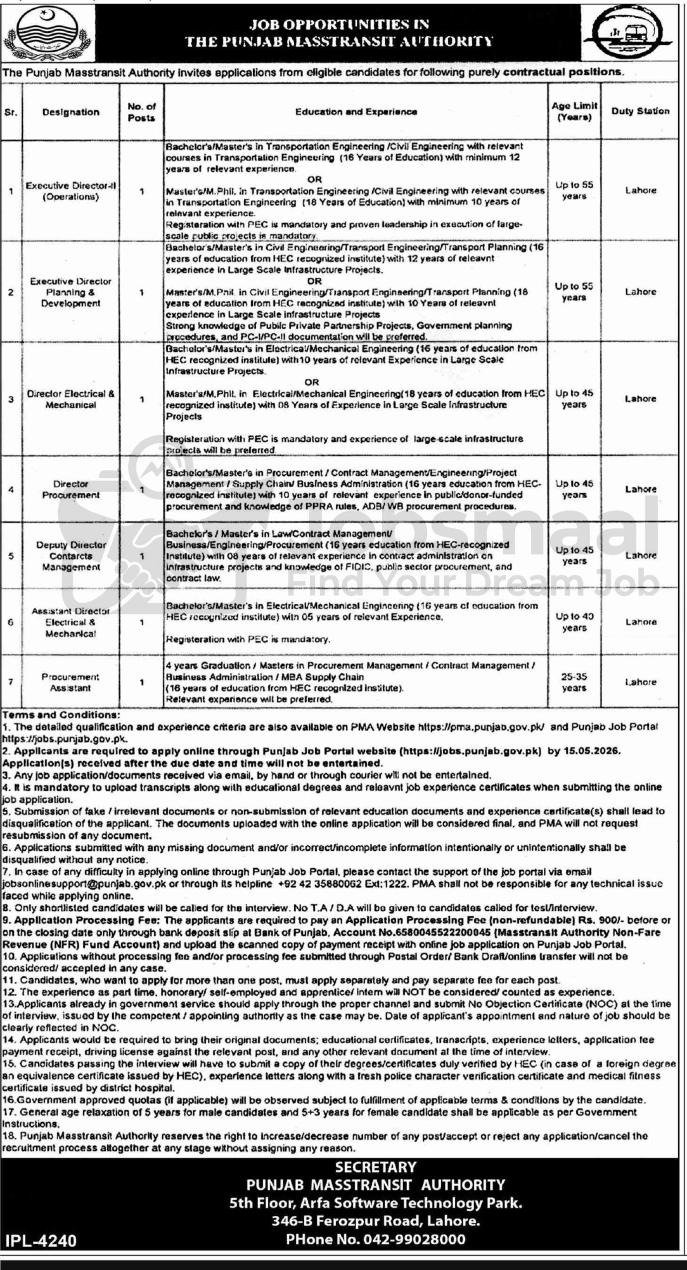 Punjab Masstransit Authority Jobs 2026: Punjab Metro Bus Jobs- Apply Now