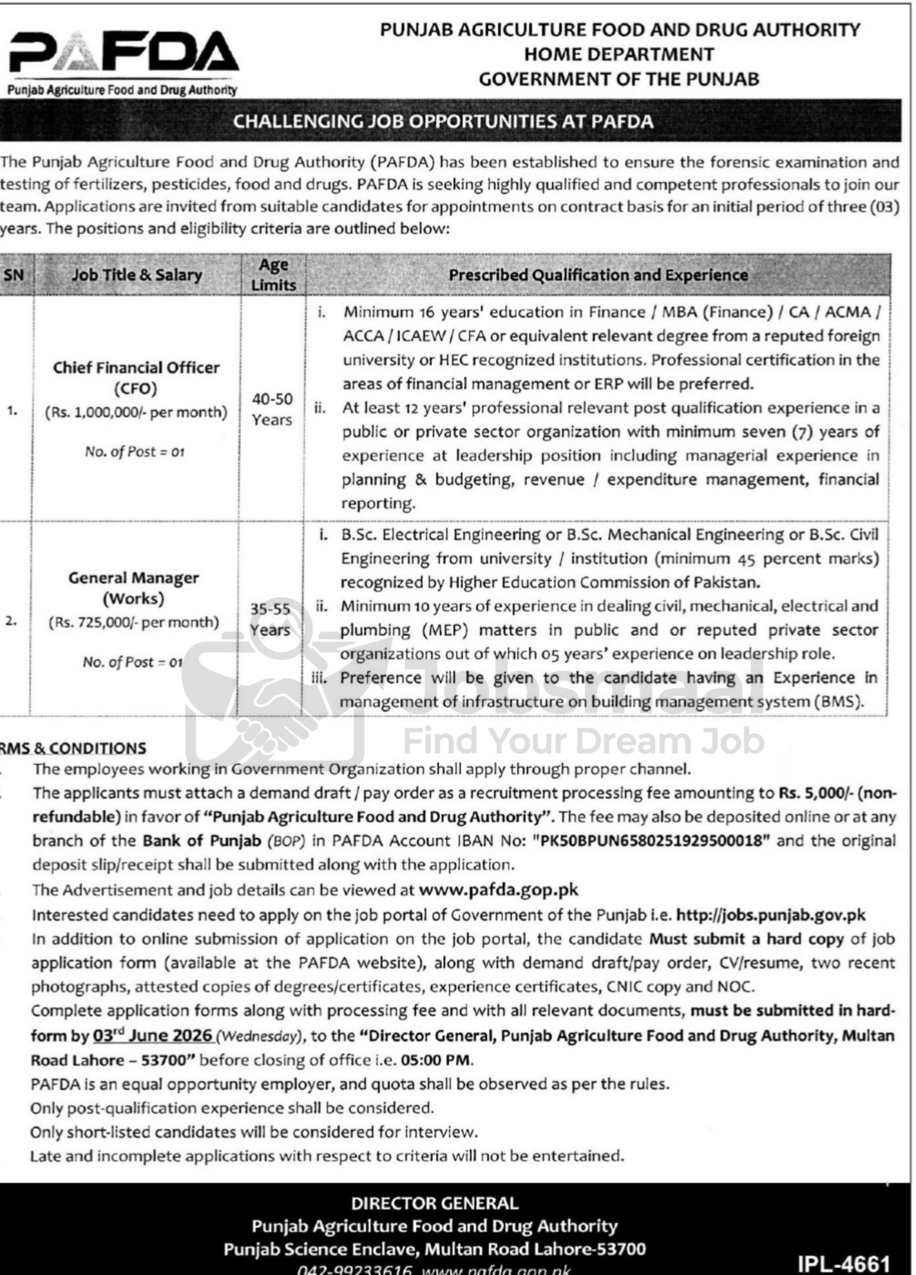 Punjab Agriculture Food and Drug Authority PAFDA Jobs 2026 