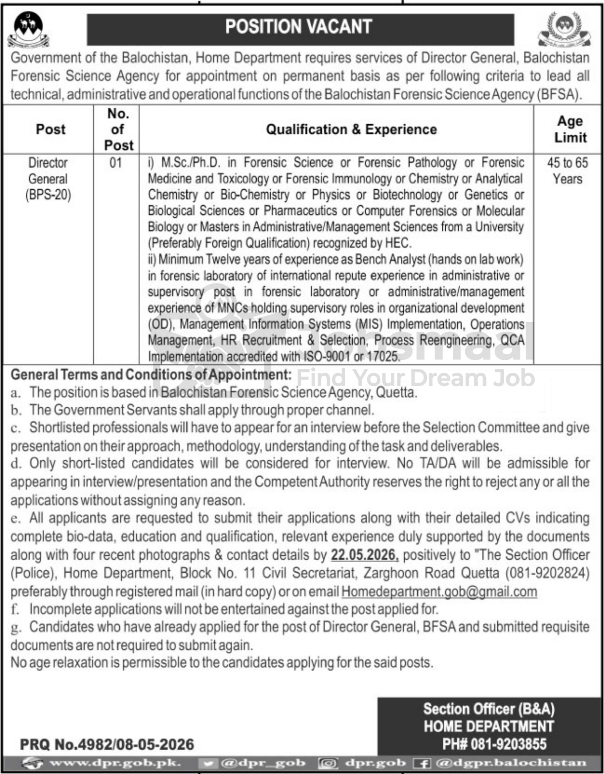 Balochistan Forensic Science Agency Jobs 2026 | BPS-20 Permanent Position