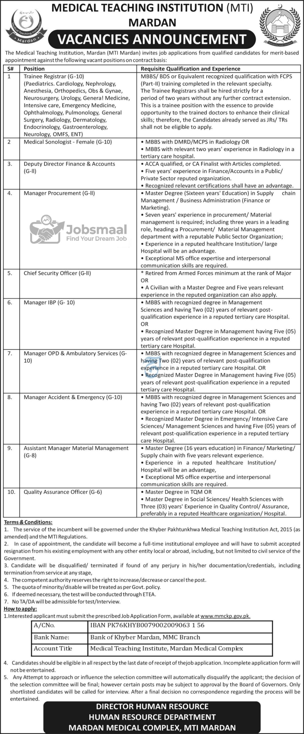 Medical Teaching Institution MTI Mardan Jobs 2026