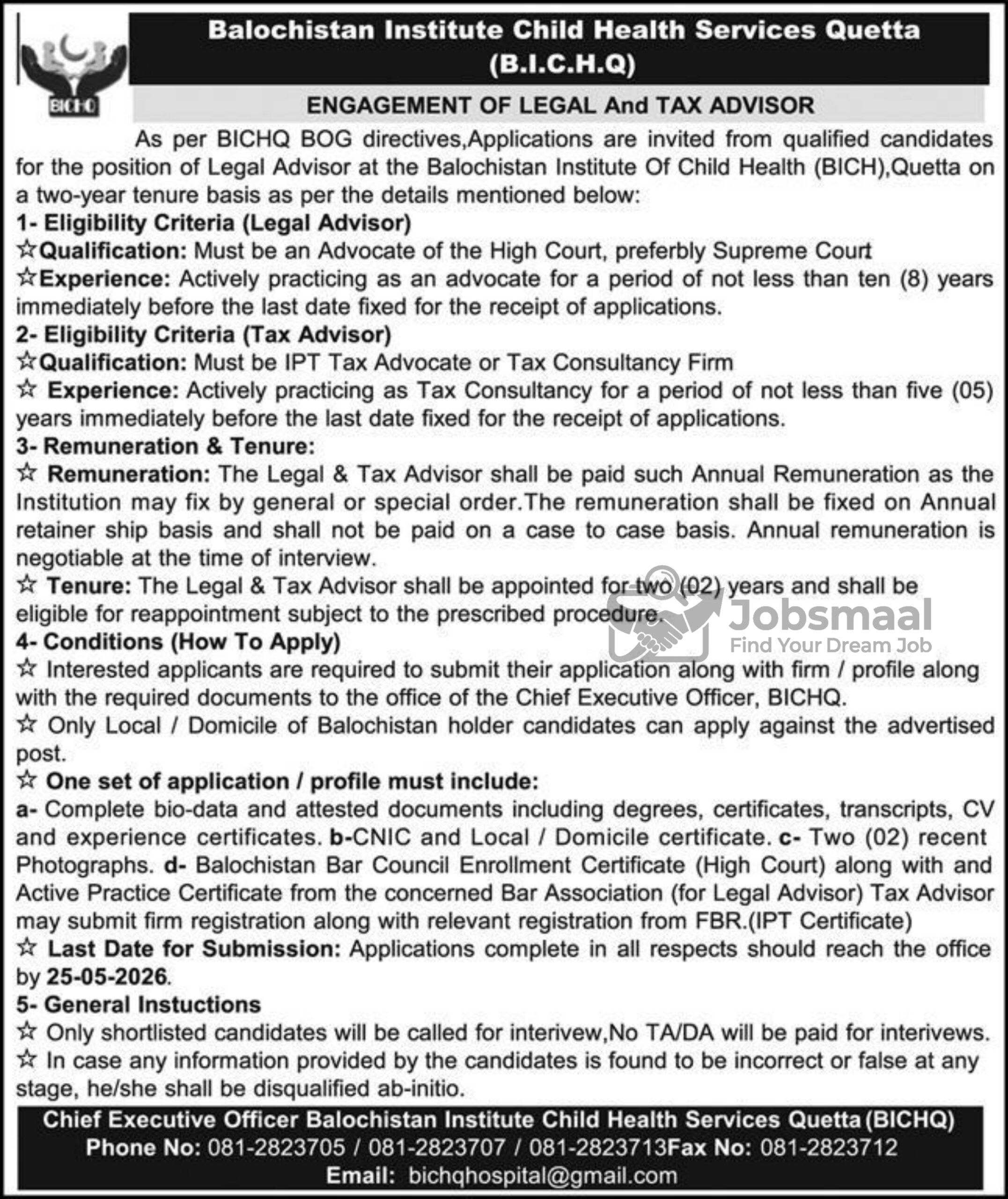 Balochistan Institute Of Child Health Service BICHQ Jobs 2026