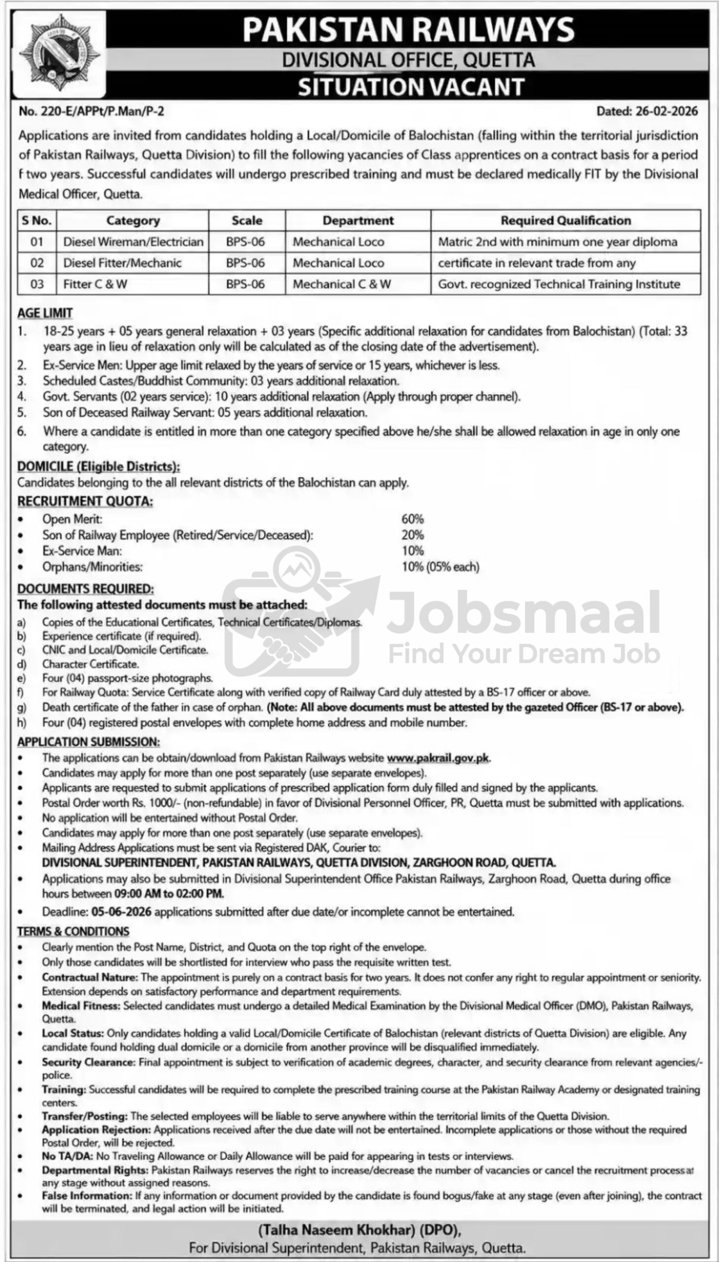 Pakistan Railways Divisional Office Quetta Jobs 2026 – Apply for Apprenticeship (Diesel Wireman & Fitter)