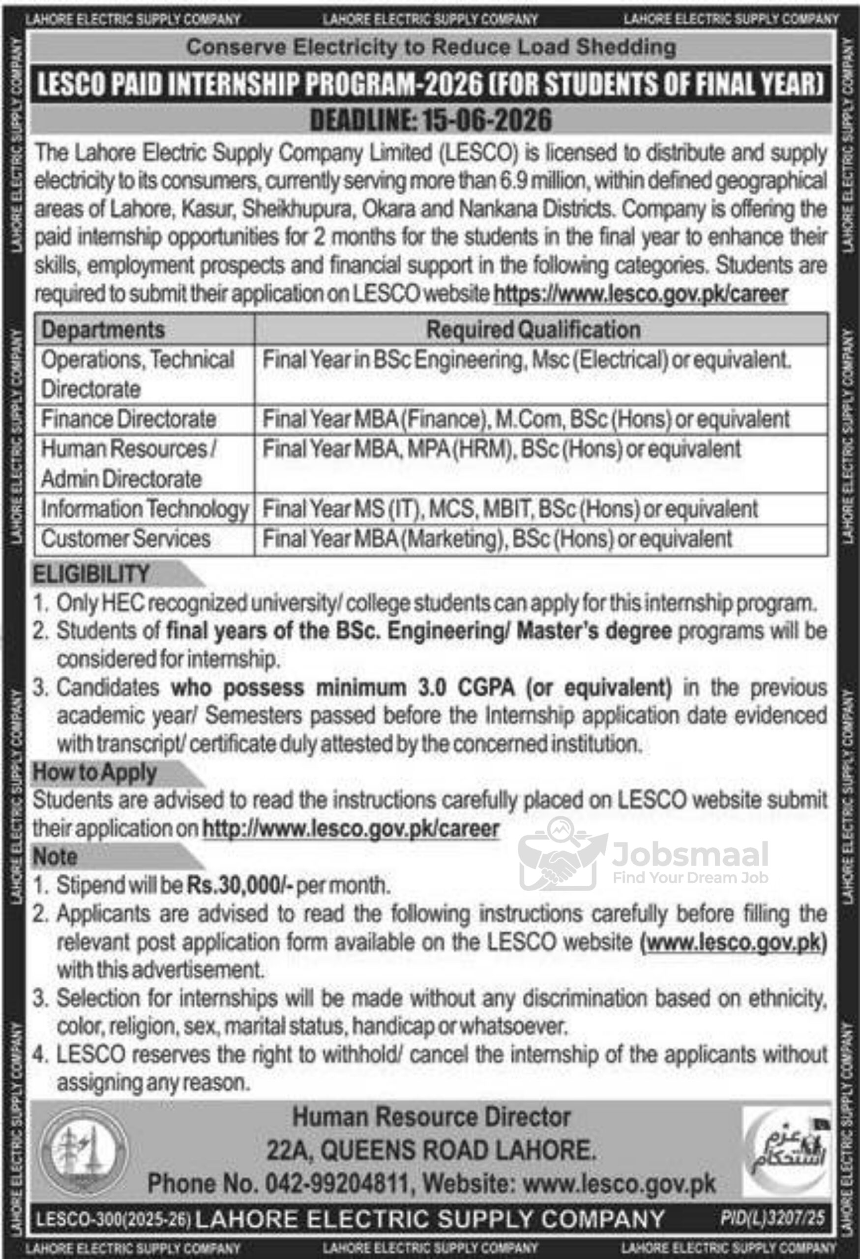 LESCO Paid Internship Program 2026 for Final Year Students