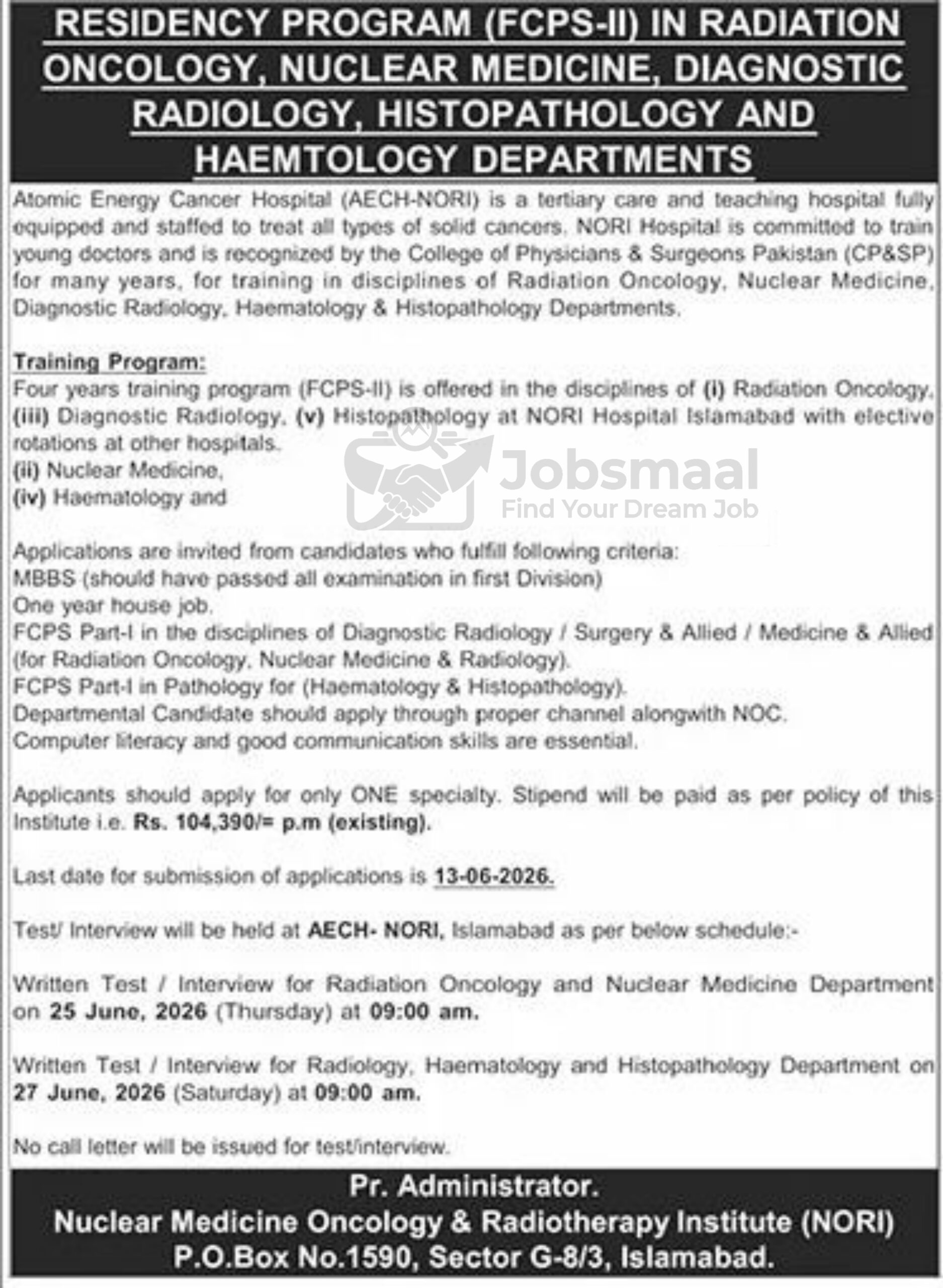 Atomic Energy Cancer Hospital Jobs 2026 – Apply Online for FCPS-II Residency