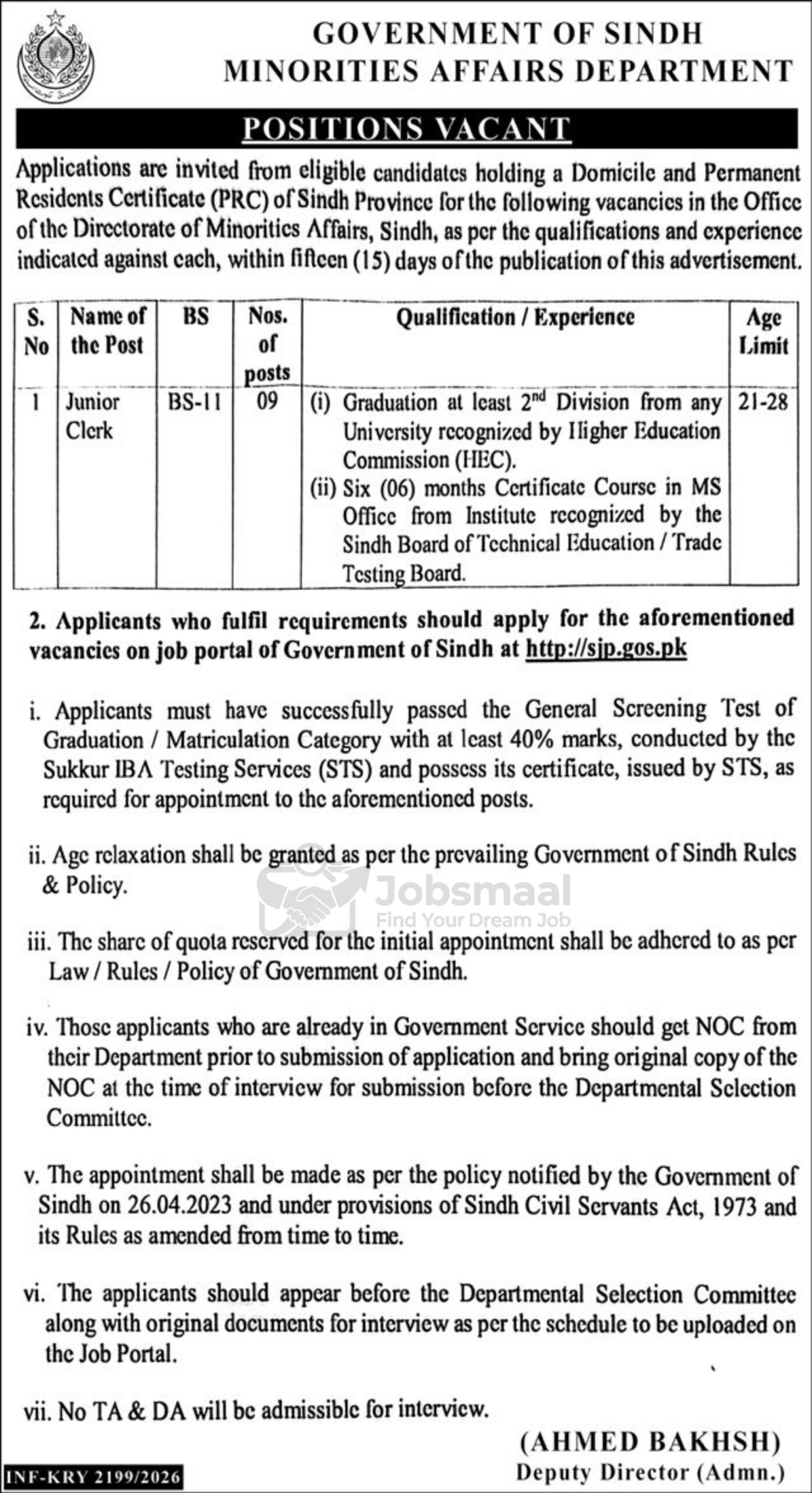 Government of Sindh Minorities Affairs Department Jobs 2026