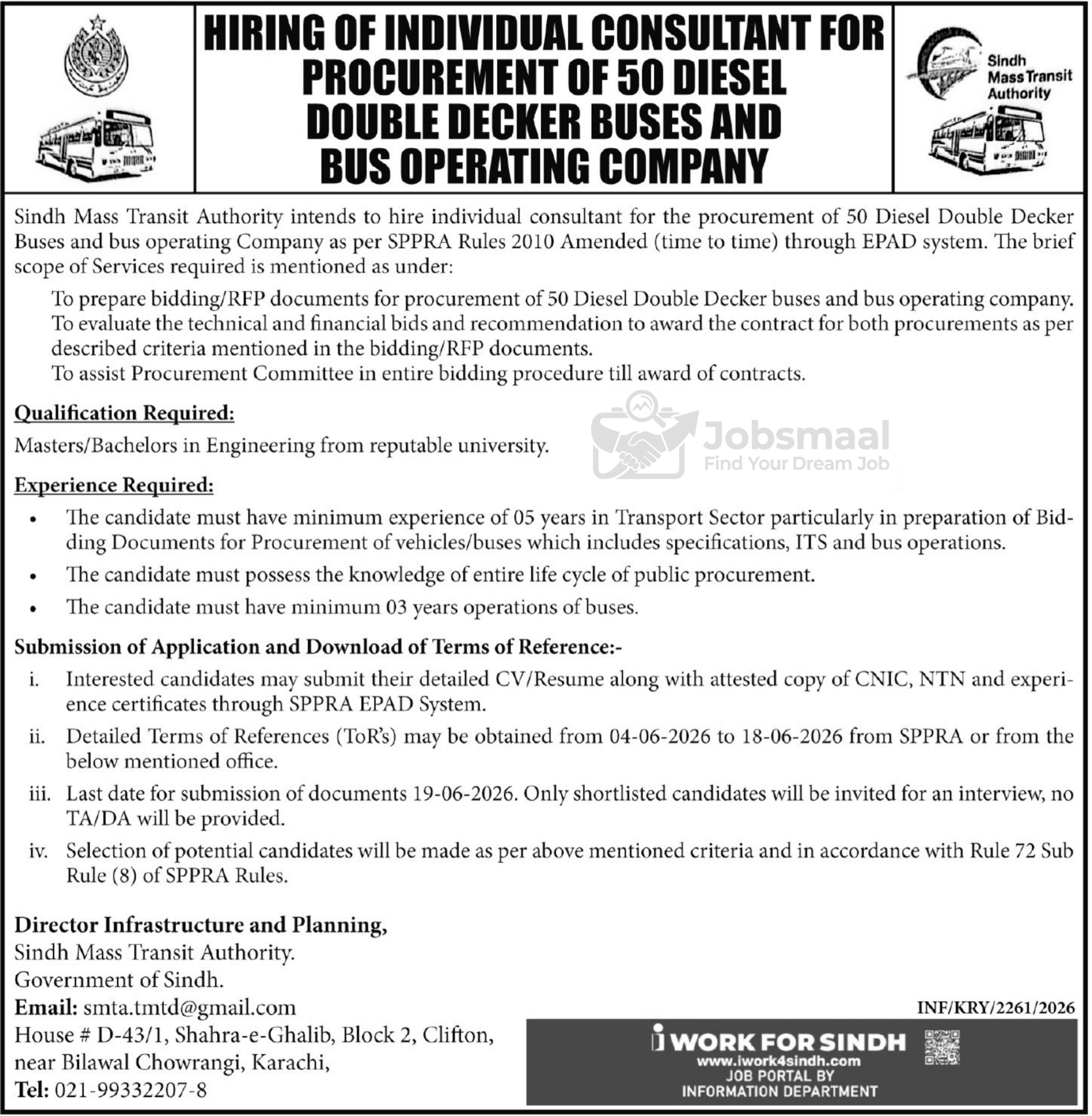 Sindh Mass Transit Authority Jobs 2026 – Consultant for 50 Diesel Double Decker Buses