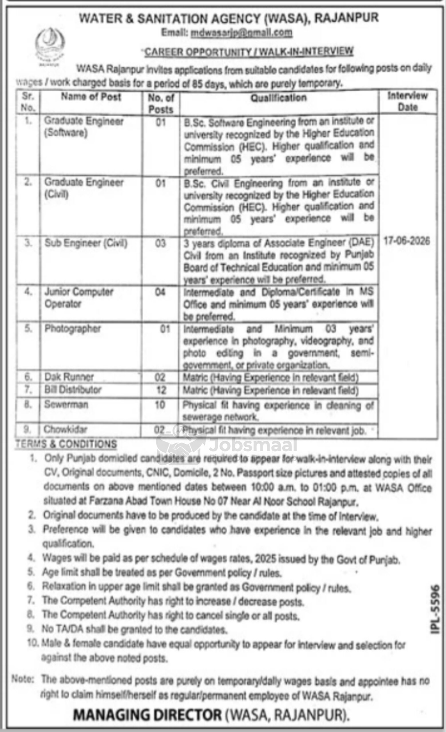 WASA Jobs 2026: Walk-in-Interview at WASA Rajanpur for 31+ Daily Wages Posts