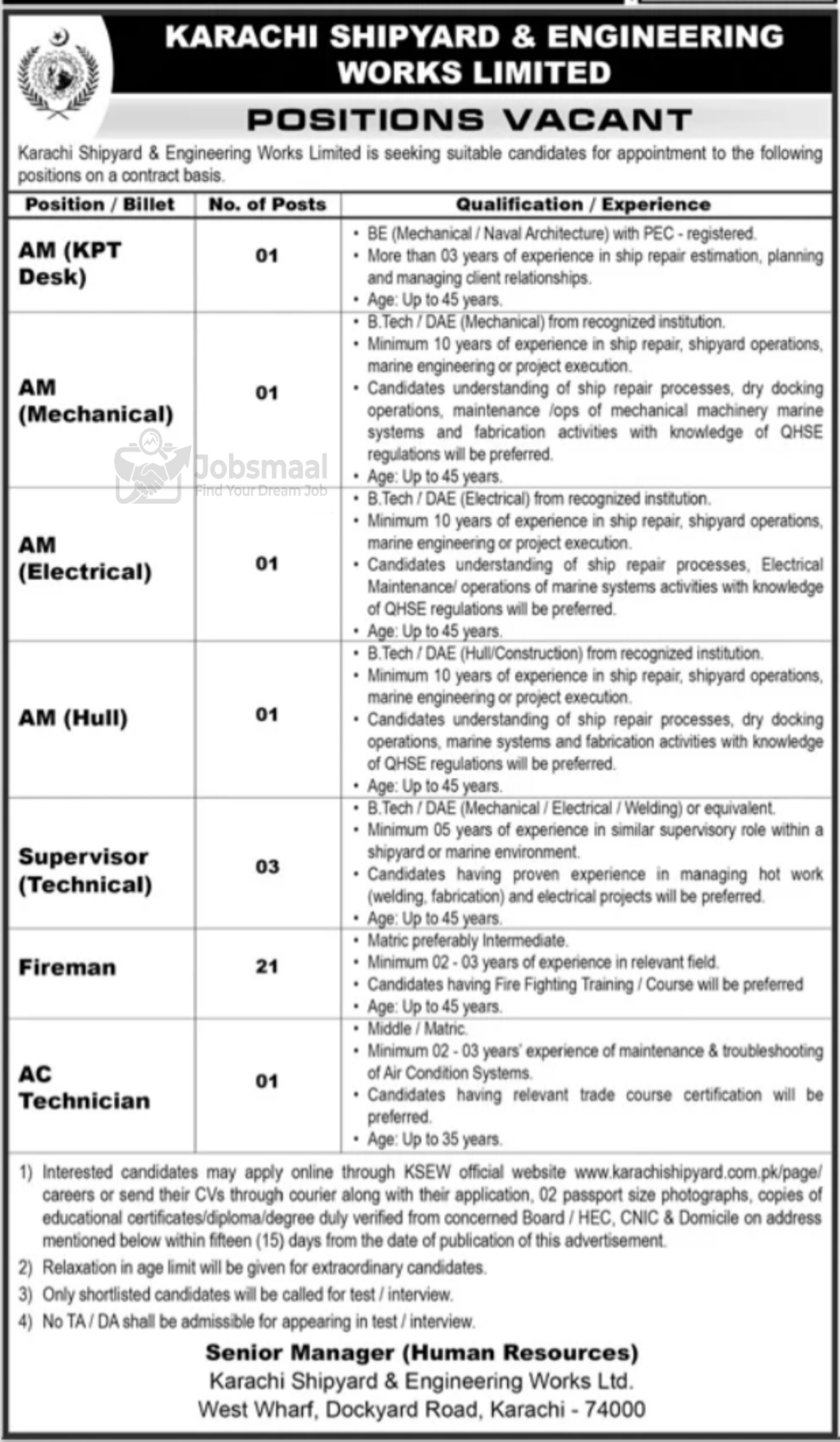 Karachi Shipyard Jobs 2026 – Apply Online for AM, Supervisor, Fireman & AC Technician Posts