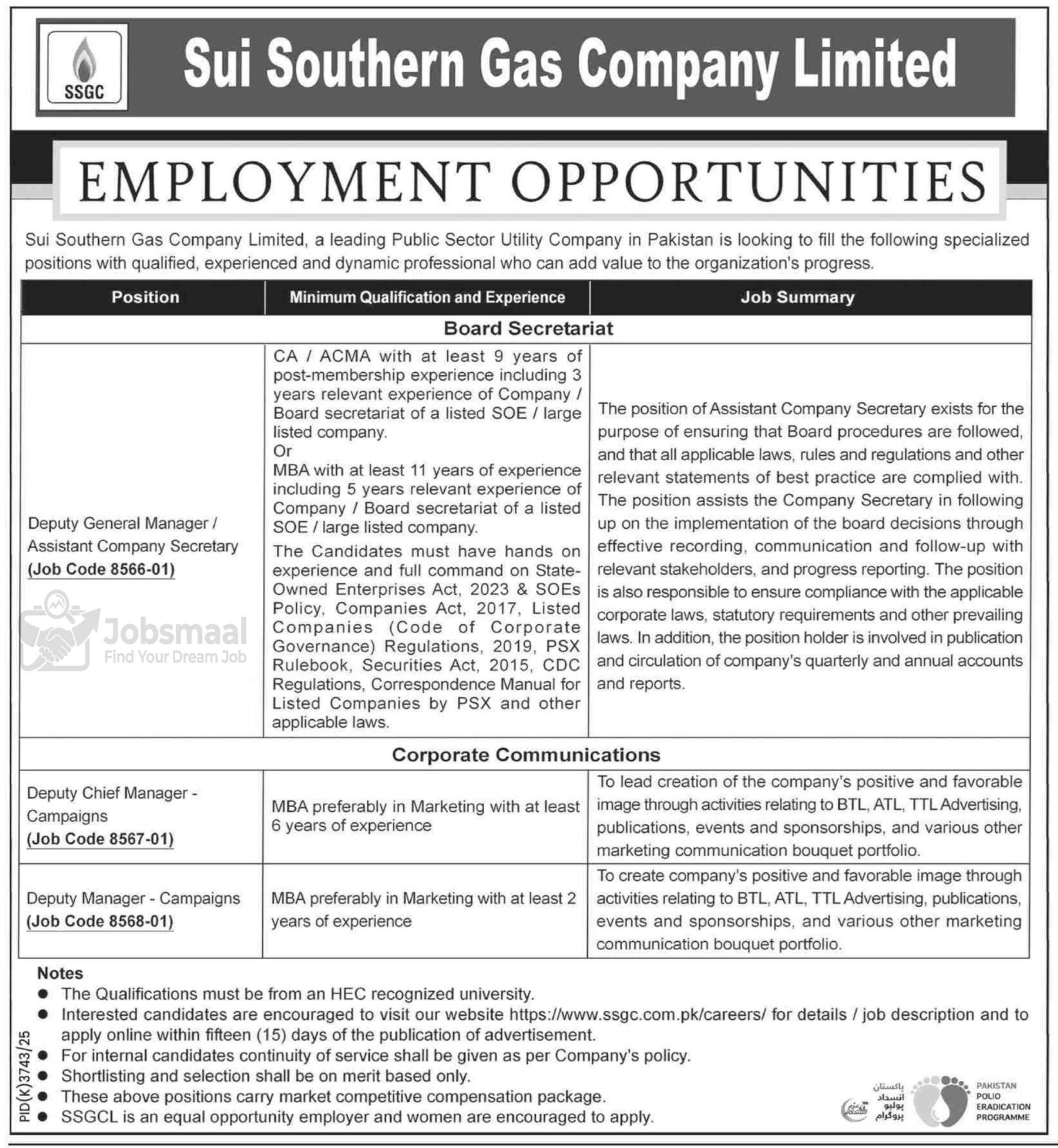 Sui Southern Gas Company Limited SSGC Jobs 2026
