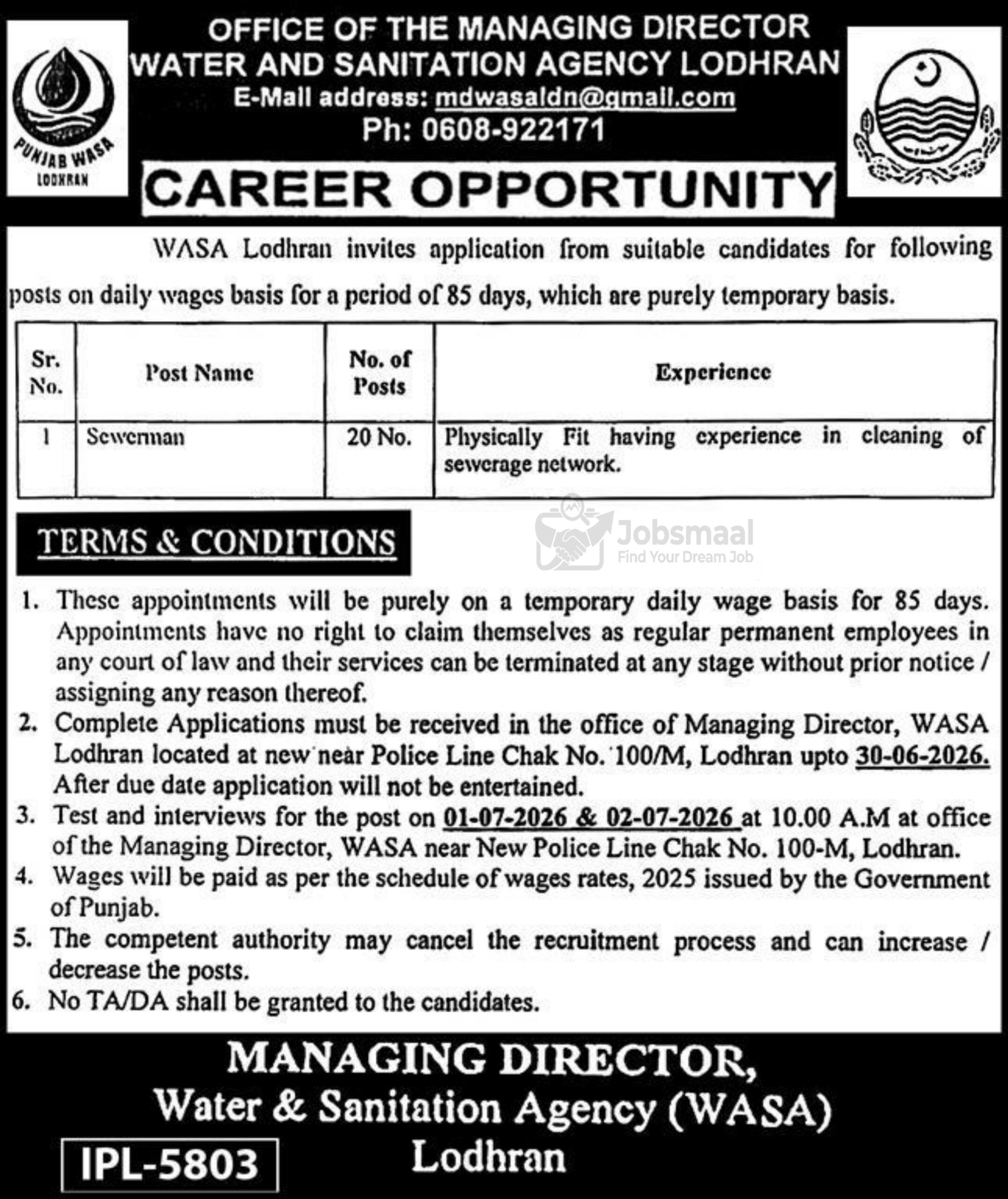 Water & Sanitation Agency WASA Lodhran Jobs 2026