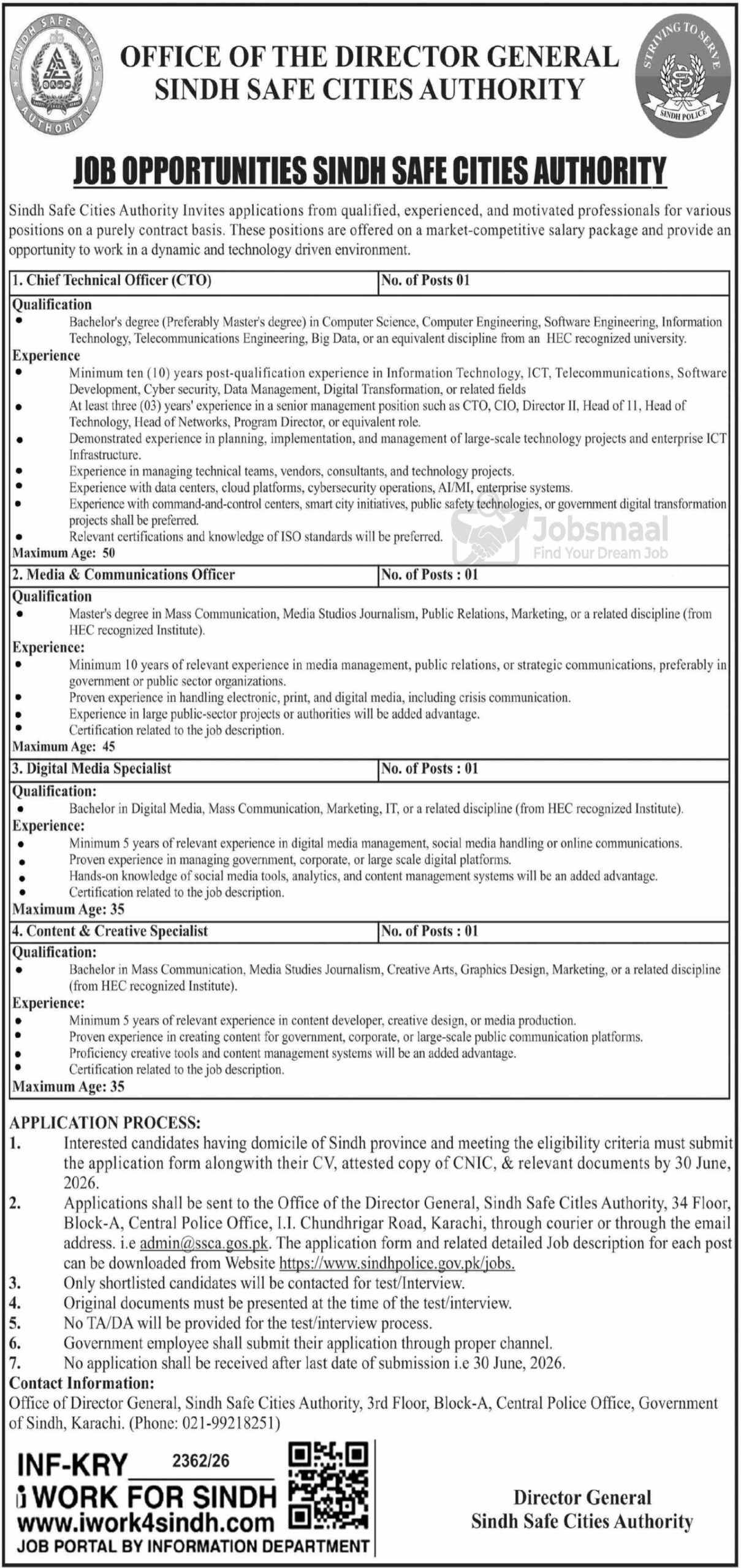 Sindh Safe Cities Authority Jobs 2026 | Apply for SSCA Jobs CTO & Media Officer