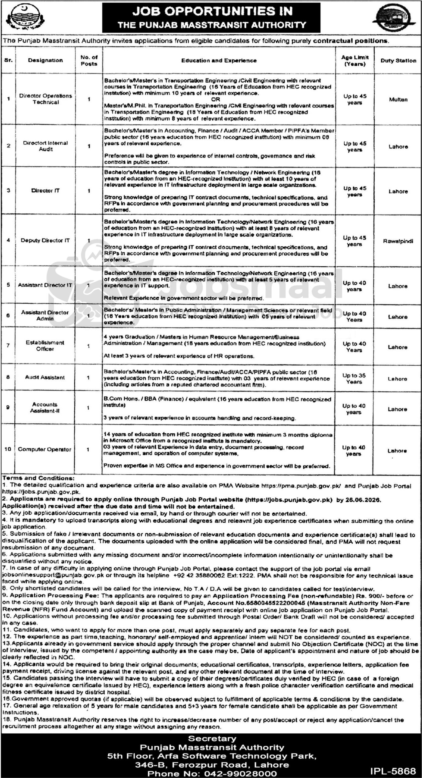 Punjab Masstransit Authority Jobs 2026 – Apply Online for Director & Assistant Director Posts