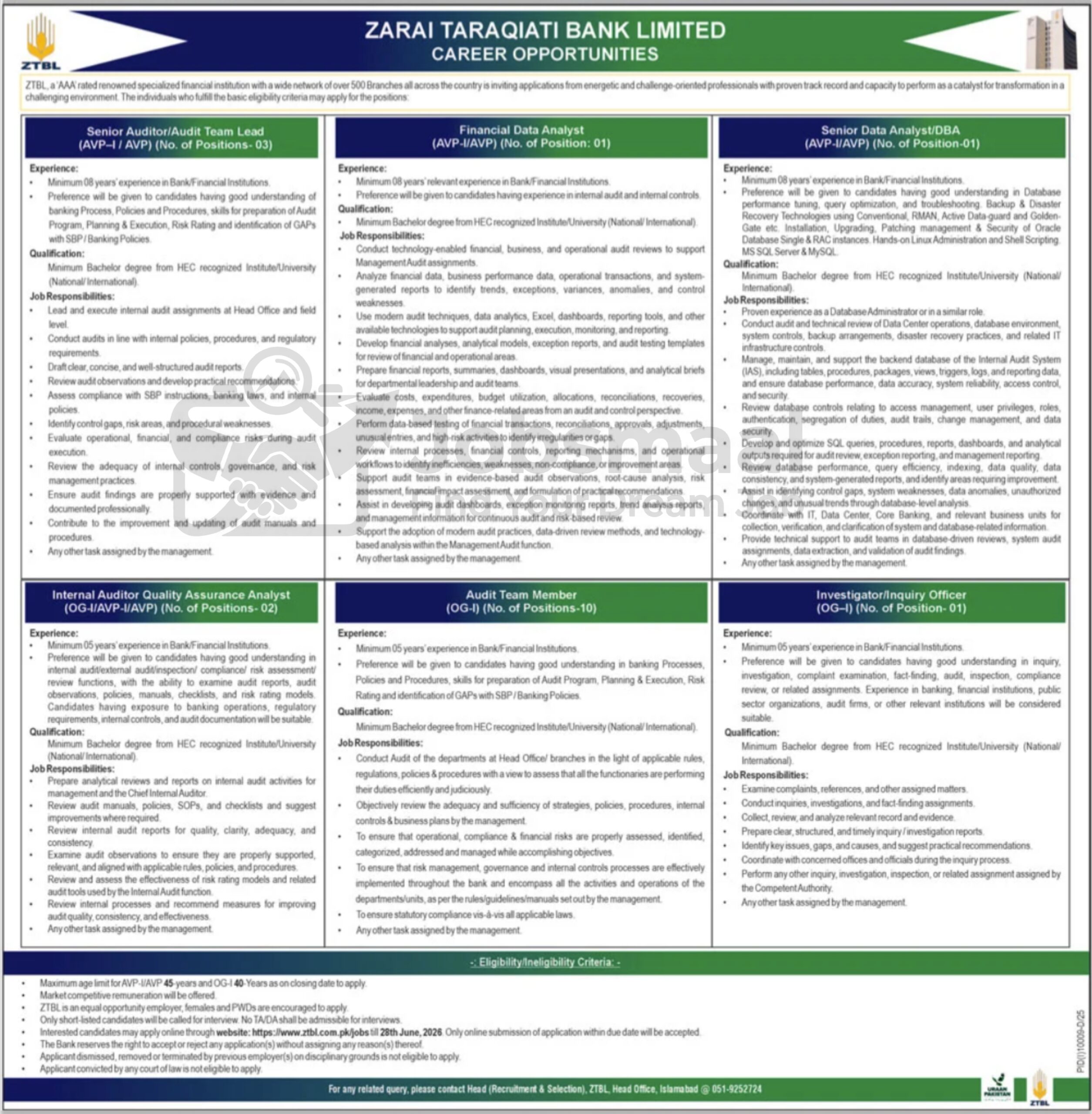 Zarai Taraqiati Bank Limited ZTBL Jobs 2026