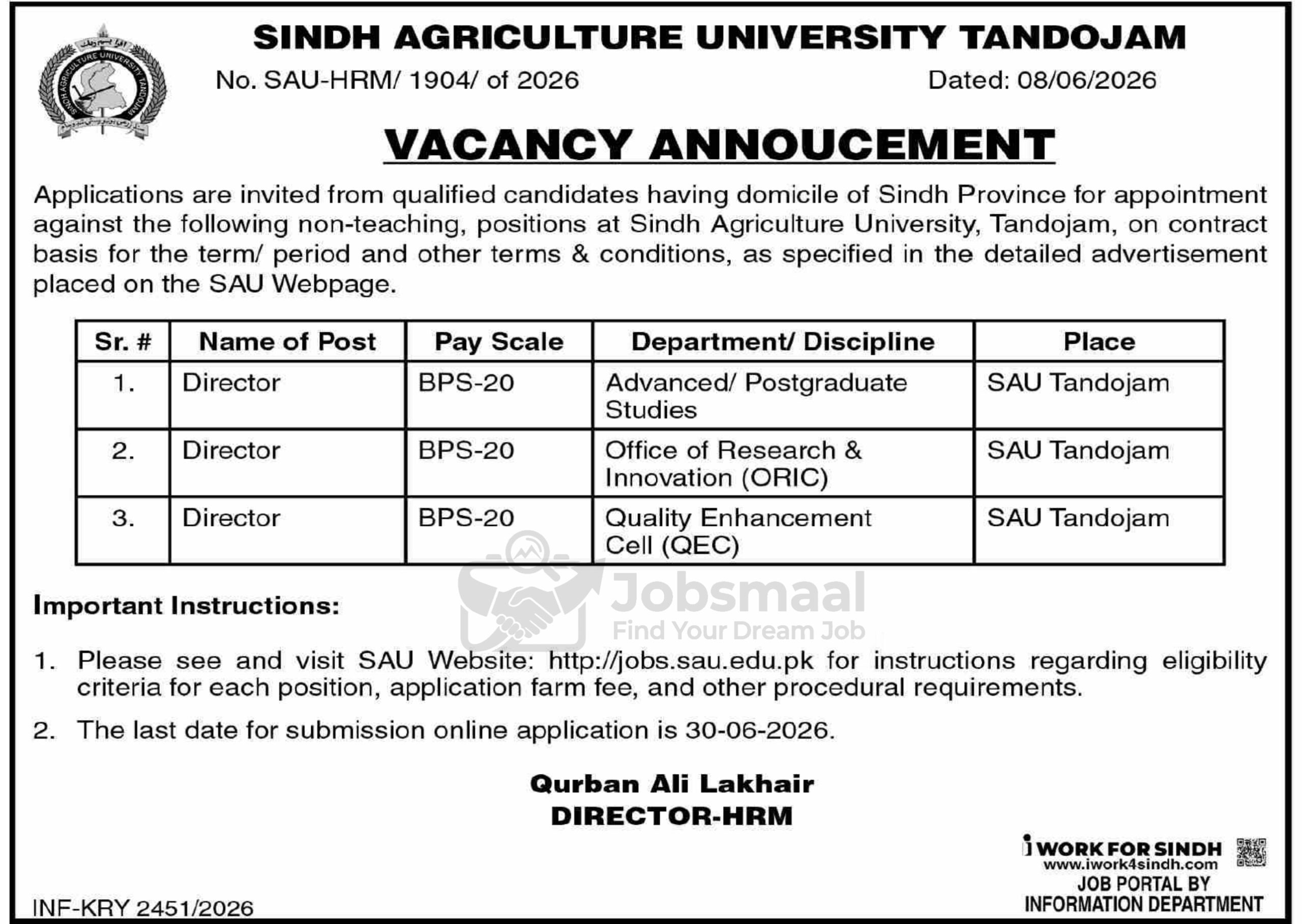 Sindh Agriculture University Jobs 2026 