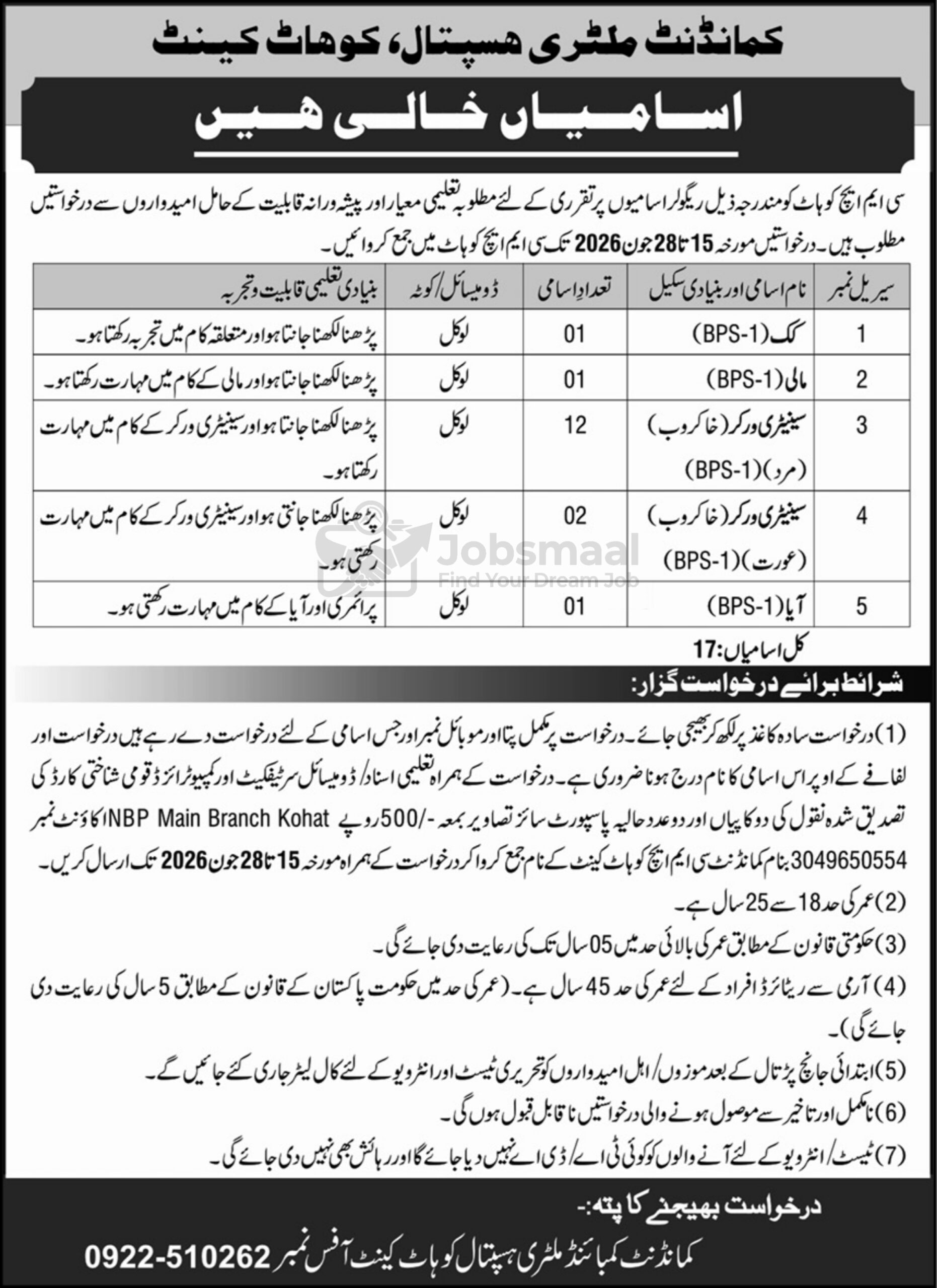 CMH Kohat Jobs 2026 – 17 Vacancies for Local Candidates